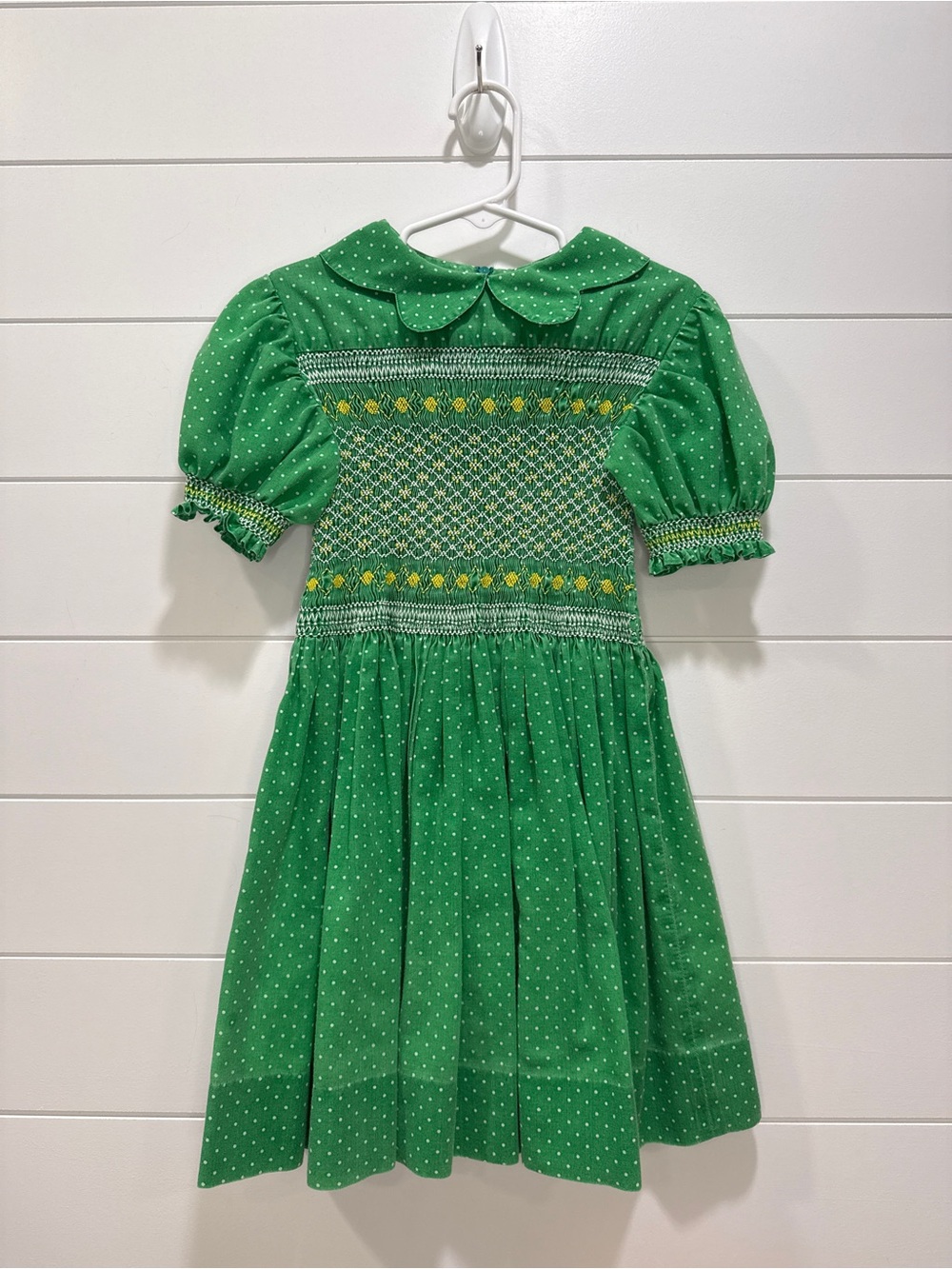 Vintage Green Smocked Polka Dot Dress with Peter Pan Collar